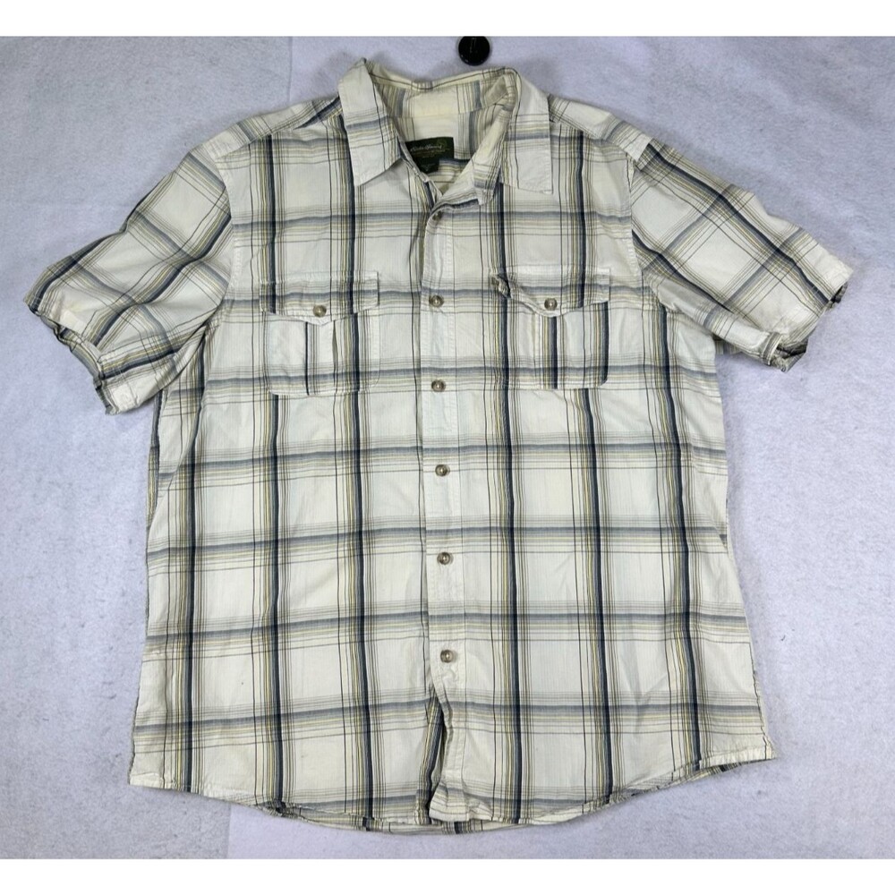 Eddie Bauer Fishing Hiking Shirt Mens XL Ivory multi Plaid Vented Short Sleeve